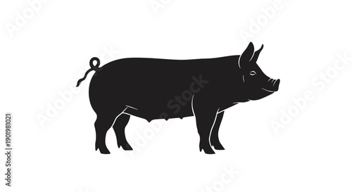 A stark black silhouette of a pig standing on a white background, showcasing its form and features.