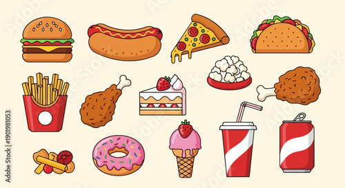 A vibrant collection of popular fast food items and sweet treats, including burgers, fries, pizza, tacos, donuts, and ice cream, presented in a colorful cartoon style.