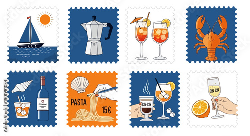 Collection of eight postage stamps depicting various vacation and leisure activities, including sailing, coffee, cocktails, seafood, wine, pasta, and drinks.