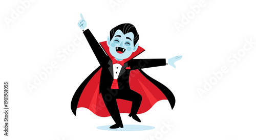 A cartoon vampire with blue skin, fangs, and a red cape is dancing joyfully with his arms outstretched.