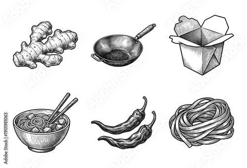 Asian cuisine culinary collection featuring hand drawn engraving style illustrations of ginger noodles chili peppers wok and takeout box.