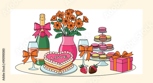 A delightful spread of Valentine's Day treats including champagne, a heart-shaped cake, macarons, strawberries, and a gift.
