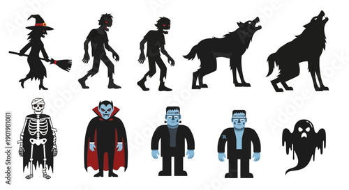 A collection of black silhouette Halloween monsters and creatures, including a witch, zombies, werewolves, a skeleton, a vampire, Frankenstein's monster, and a ghost.