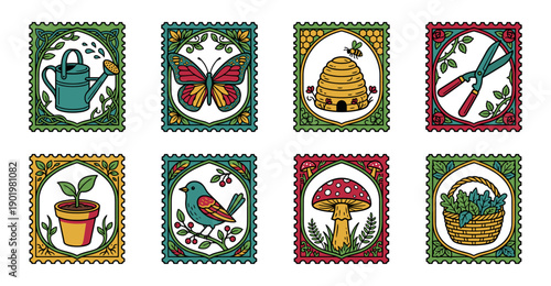 Vintage Illustrated Garden and Nature Postage Stamp Collection for Botanical Scrapbooking and Spring Stationery Assets