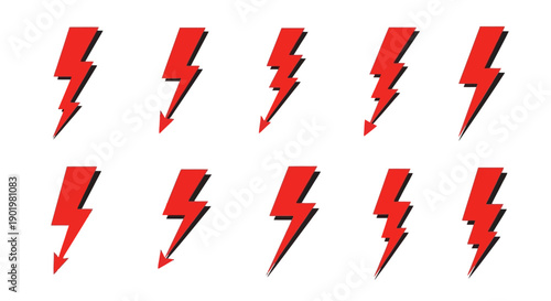 A collection of ten red lightning bolt icons, each with a slightly different angle and shadow effect, displayed against a white background.