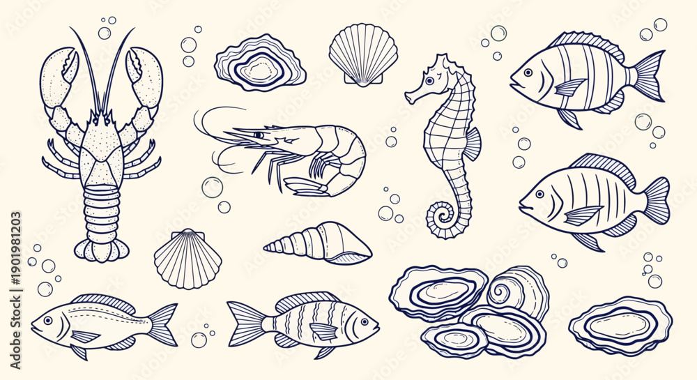Naklejka premium A detailed illustration of various seafood and marine life, including lobsters, shrimp, seahorses, fish, oysters, and seashells, set against a light background with subtle bubbles.