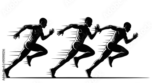 Three silhouetted male athletes in full stride, captured in a dynamic illustration of speed and motion during a race.