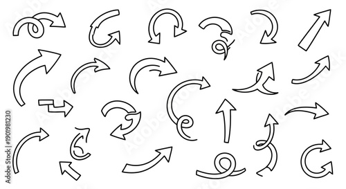 A collection of hand-drawn, black and white arrow illustrations with various shapes and directions, suitable for graphic design elements.