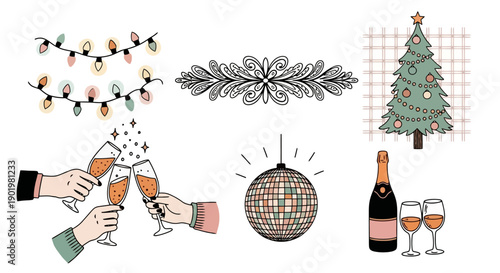 A festive collection of New Year's Eve and Christmas celebration elements, including sparkling champagne, a disco ball, and decorative lights.