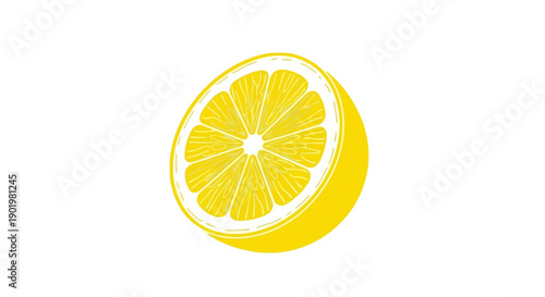 A vibrant, detailed illustration of a single, juicy lemon half, showcasing its segmented interior and bright yellow rind against a clean white background.
