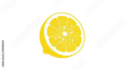 A bright yellow lemon slice is shown against a plain white background, highlighting its juicy texture and segmented interior.