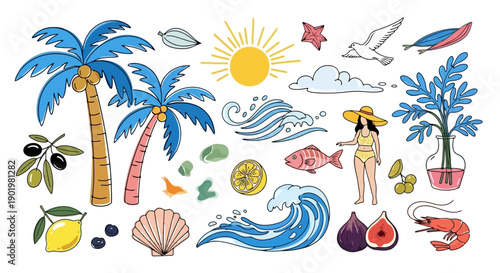 A vibrant collection of hand-drawn summer vacation elements, including palm trees, tropical fruits, marine life, and a sunbather.