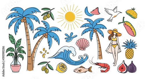A vibrant collection of hand-drawn summer vacation elements, including palm trees, tropical fruits, seafood, and beachwear, set against a white background.