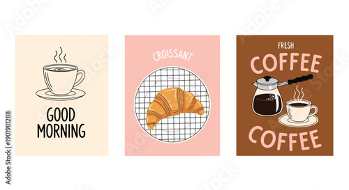 Three charming illustrations featuring coffee and pastries, perfect for a cafe or breakfast-themed decor.