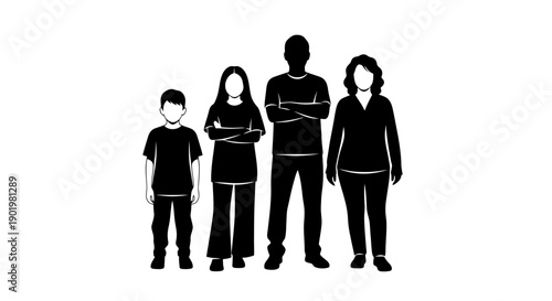A silhouette of a family of four, including two adults and two children, standing together with their arms crossed.