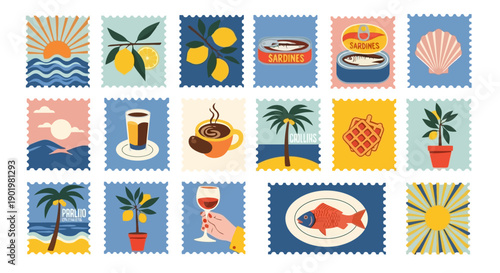 Collection of stylized postage stamps featuring various travel and leisure themes like landscapes, food, and drinks.