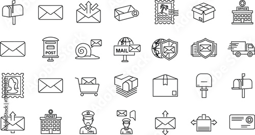 Minimal outline postal and delivery service icon set featuring mailboxes, envelopes, stamps, packages, couriers, and shipping symbols for logistics and communication design