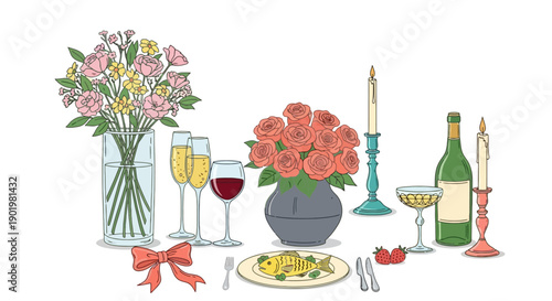 A beautifully set table for a romantic dinner, complete with flowers, wine, champagne, and a candlelit ambiance.