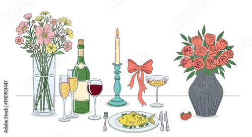 A beautifully set table for a romantic dinner, featuring a candle, wine, champagne, flowers, and a plate of food.