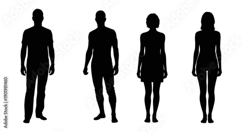 Silhouettes of four individuals, two men and two women, standing against a white background.
