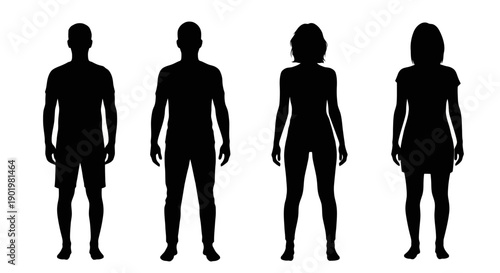 Silhouettes of two men and two women standing side-by-side against a white background, showcasing different body types.
