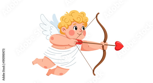 A cute cartoon cupid with blond curly hair, wings, and a bow and arrow with a heart-shaped tip, flying and aiming.