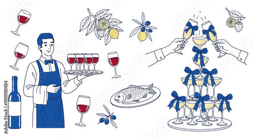 A waiter serves wine and a champagne tower is set up for a celebration, with lemons, olives, and a fish dish present.