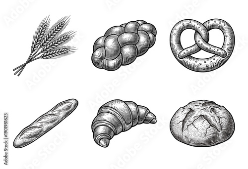 Set of bakery products and wheat stalks in vintage woodcut engraving style including bread, baguette, croissant, pretzel, and braided loaf.