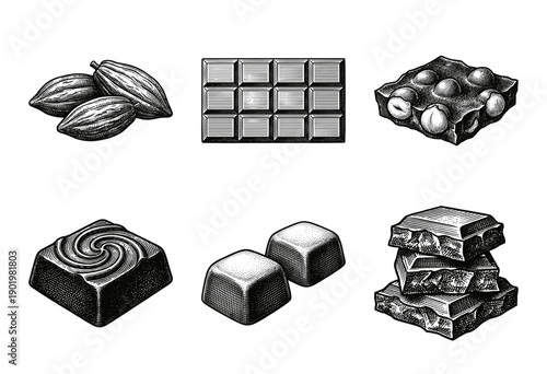 Cacao pods and assorted chocolate pieces in a vintage woodcut engraving style including bars pralines and hazelnut chunks.