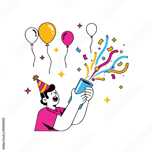 Man in party hat celebrating with confetti popper and balloons.