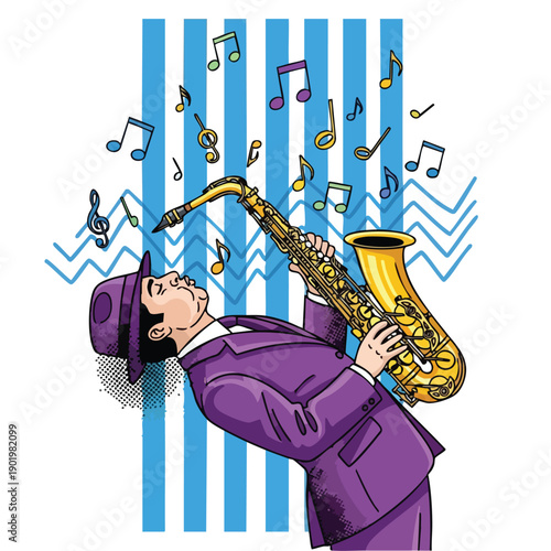 Man in purple suit playing saxophone with musical notes 1.