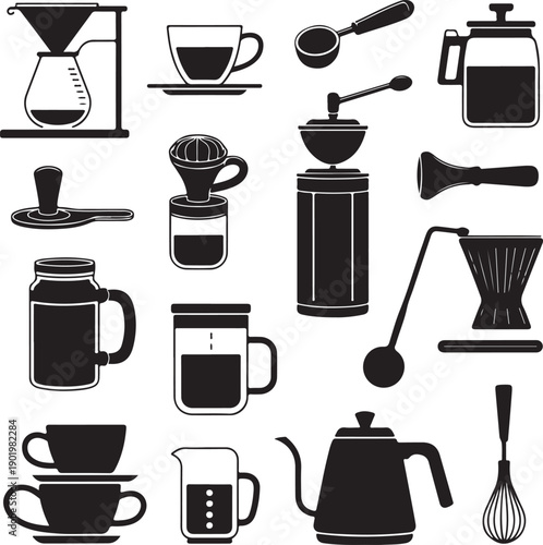 black and white coffee and tea brewing and drinking icons