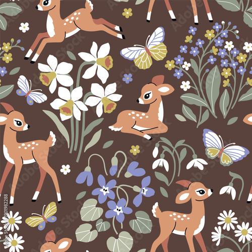 Cute woodland deer and spring flowers. Hand drawn floral background. Seamless vector pattern with fawn and butterfly.