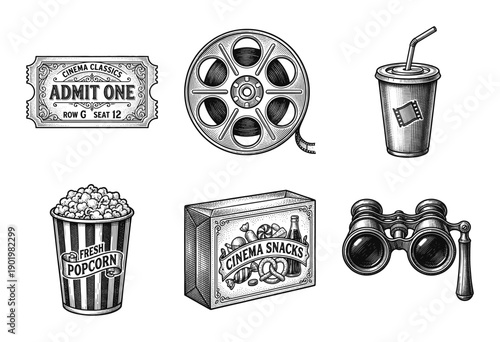 Vintage cinema icons collection featuring film reel popcorn and ticket in hand-drawn woodcut engraving style.