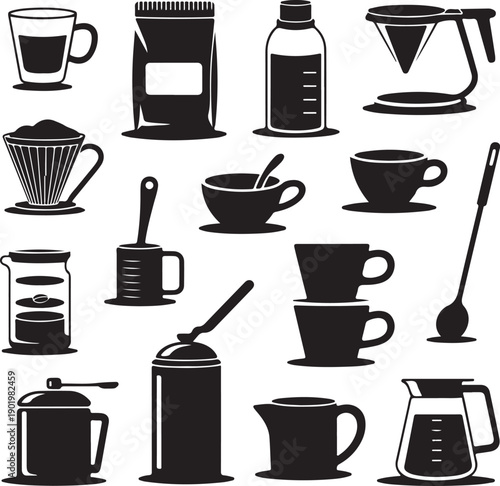 black and white coffee icons set with cups and coffee makers