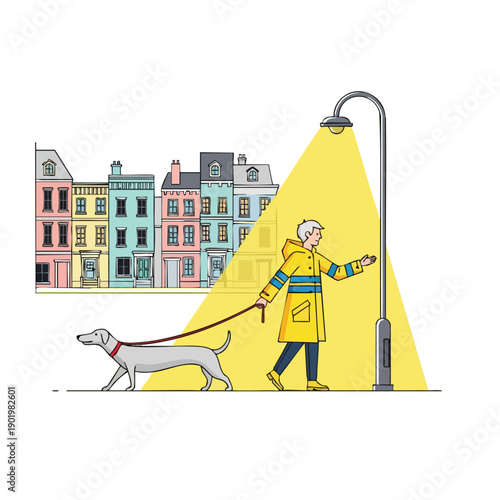 Man in yellow raincoat walking his dog under a street light.