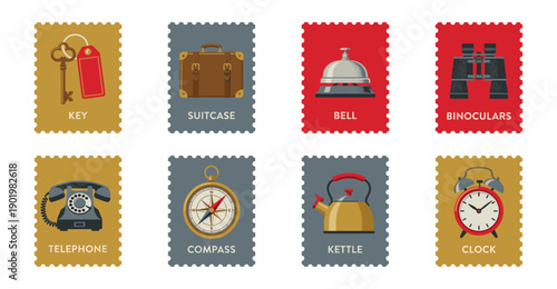 Vintage Flat Style Retro Object Postage Stamp Collection for Travel and Hospitality Stationery