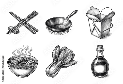 Asian culinary icons set featuring hand-drawn woodcut illustrations of noodles, wok, bok choy, and takeaway containers.