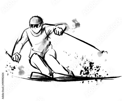 躍動感のあるアルペンスキーのイラスト、ゲレンデを滑降するスキーヤーのイラスト