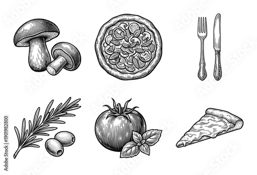 Set of hand drawn italian cuisine elements including pizza slices mushrooms tomatoes olives and herbs in vintage woodcut engraving style