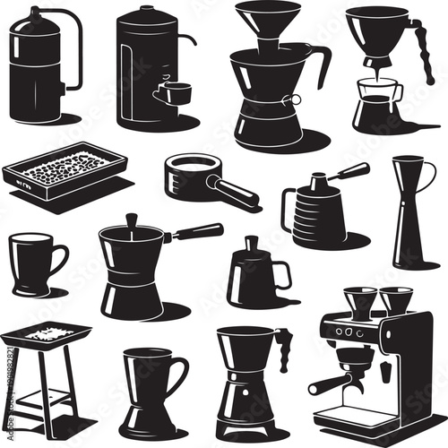 black and white coffee maker and brewer icons set