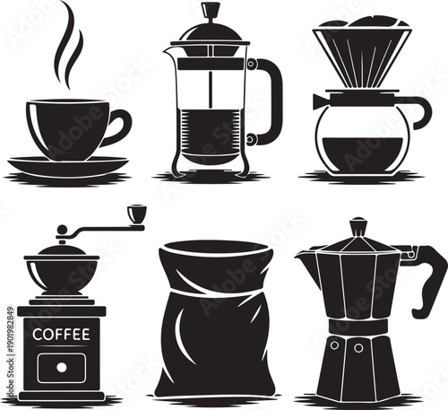 black and white coffee icons with various coffee makers and cups on white background