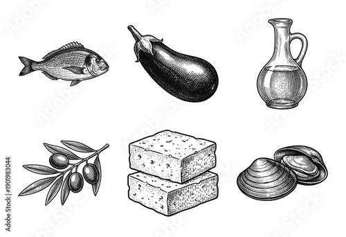 Mediterranean food ingredients set featuring hand drawn engraving style illustrations of fish eggplant olive oil olives feta cheese and clams.