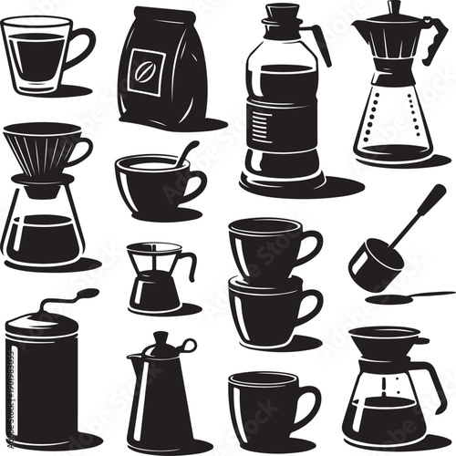 Black and white coffee maker and cup icons on white background