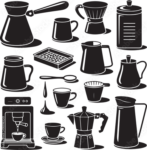 black and white coffee maker and cups collection
