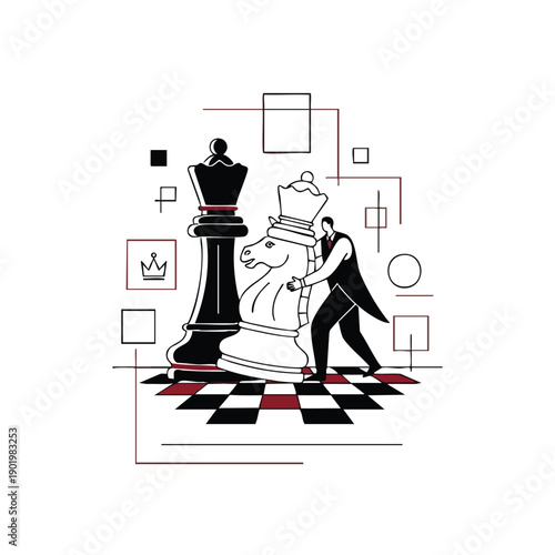 Man moving a large chess piece on a chessboard.