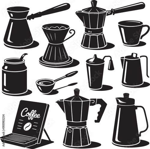black and white coffee maker and cup illustrations on white background