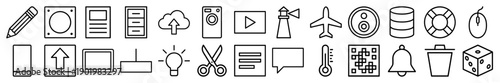Universal thin line icon set. Vector pictograms of pencil, cloud, lighthouse, airplane, data, bell, scissors, bulb, trash, and dice, minimal black outline illustration.