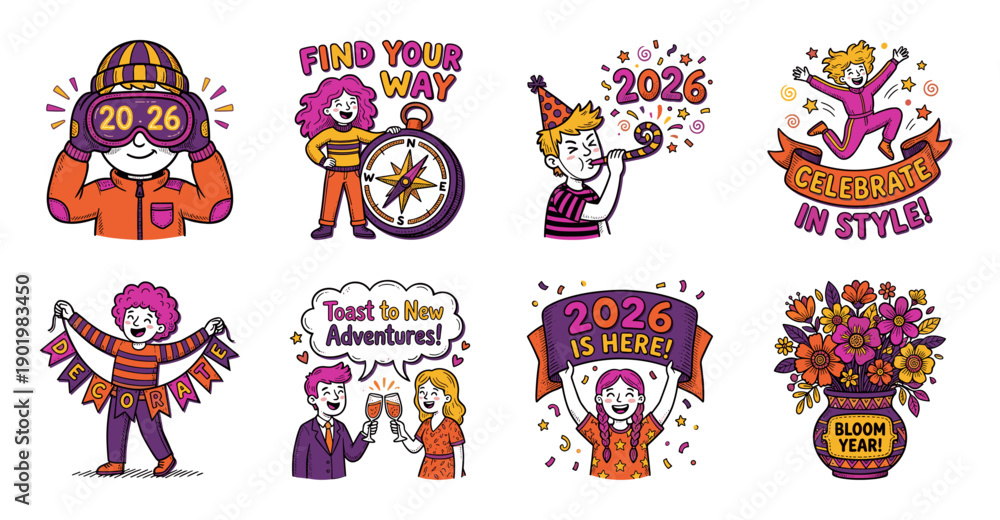 Fototapeta premium 2026 New Year Celebration Sticker Set Vector Illustration