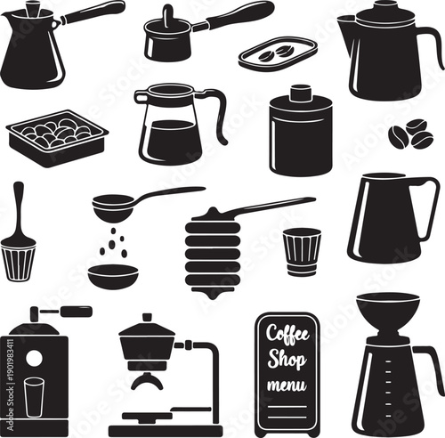 black and white coffee shop icons on white background